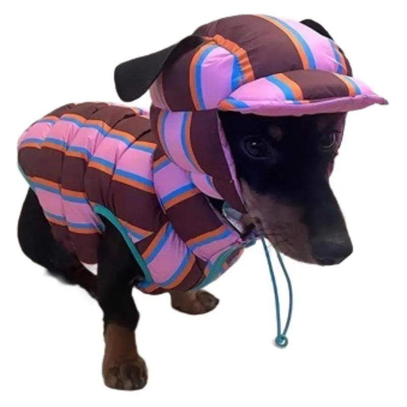 Striped knitted dog vest with matching hat in dirty pink colour for autumn and winter pet wear