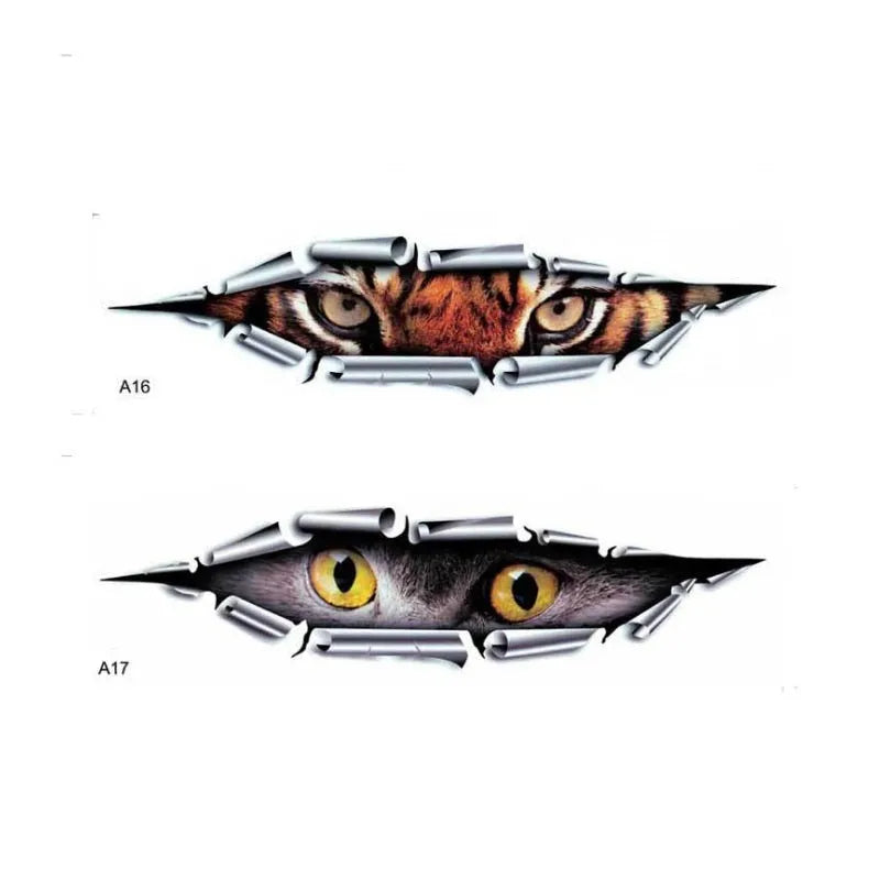 3D Tiger Eye and Eagle Eye design car bumper sticker on PVC measuring 10x35 cm.