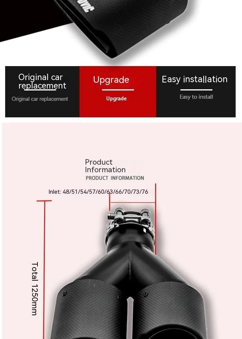 Black carbon fibre dual outlet exhaust pipe measuring 250mm for vehicle modification