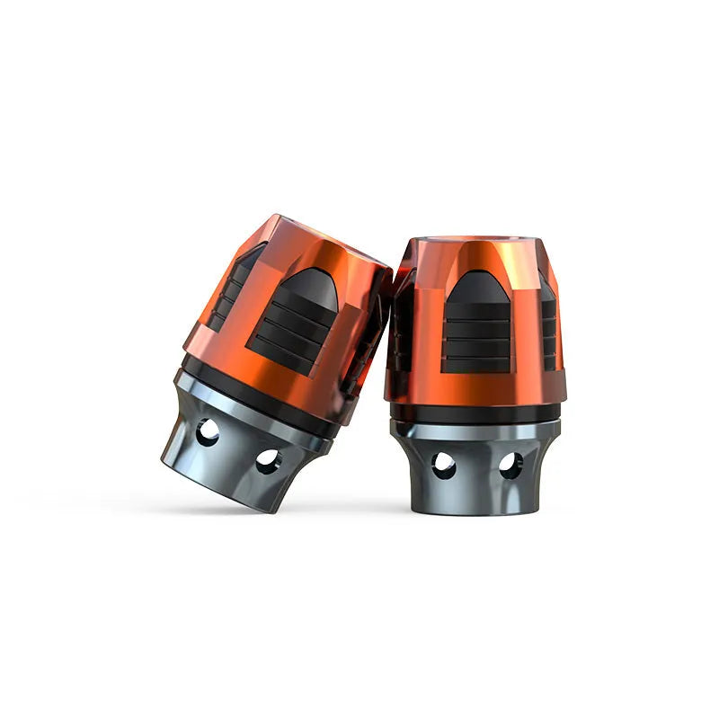 Pair of CNC-machined aluminium anti-drop fork cups for motorcycle and electric car front axles, shown in a coloured anodised finish.