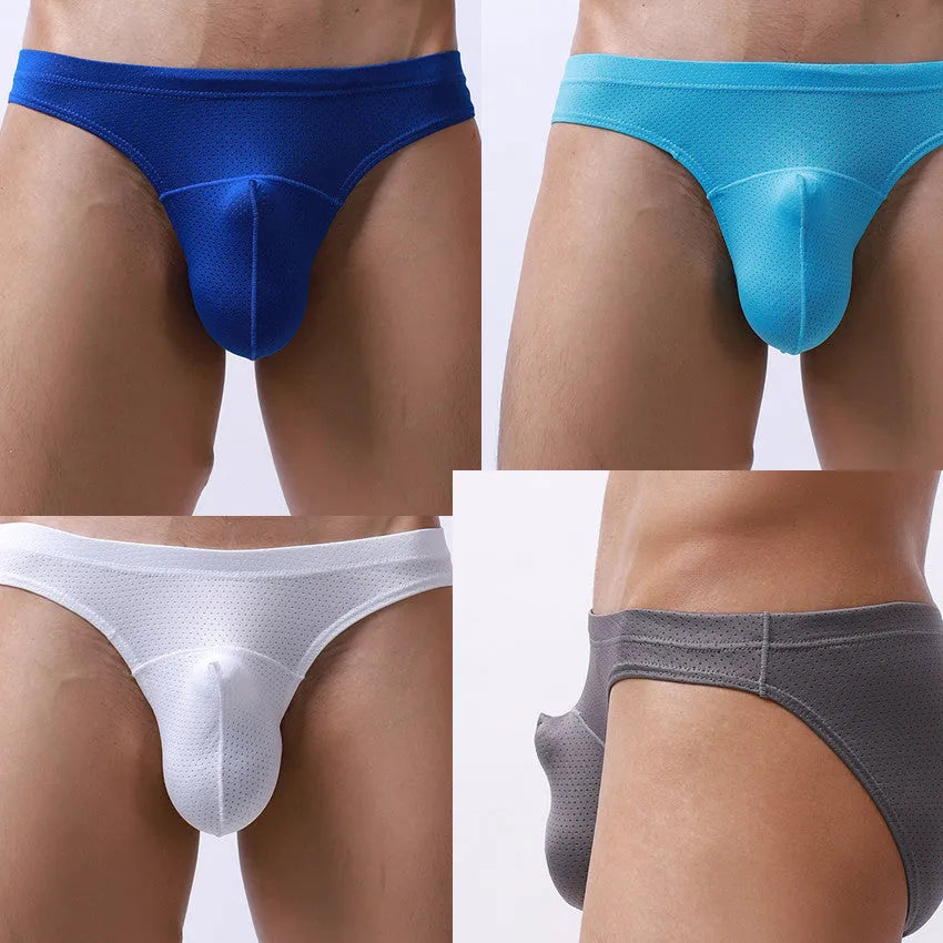 Men's loose transparent nylon underwear in blue, showing breathable fabric on a size chart.
