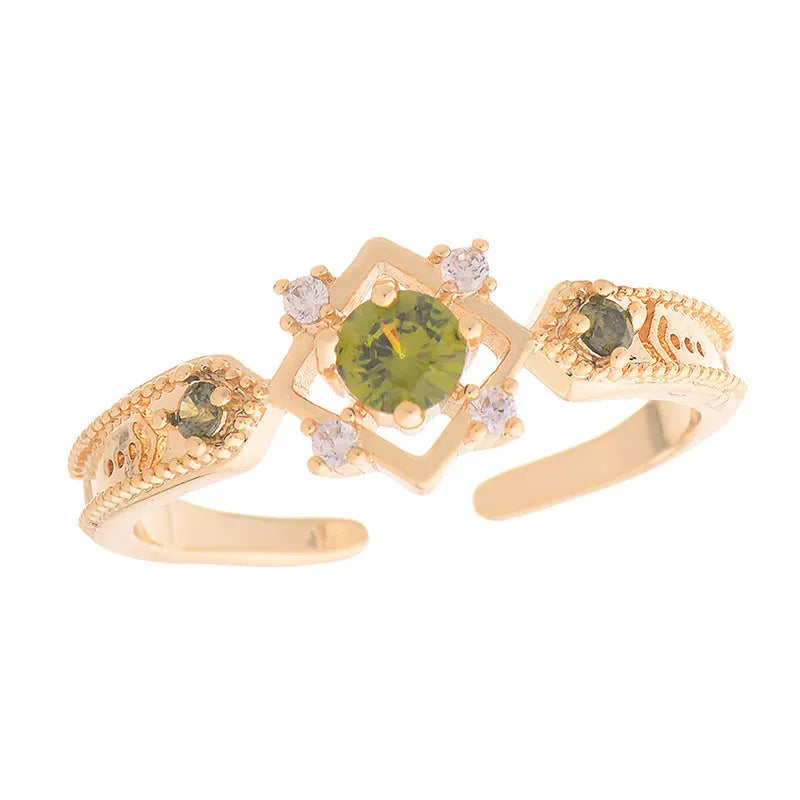 French style geometric open mouth copper ring with olive green or purple zircon detailing