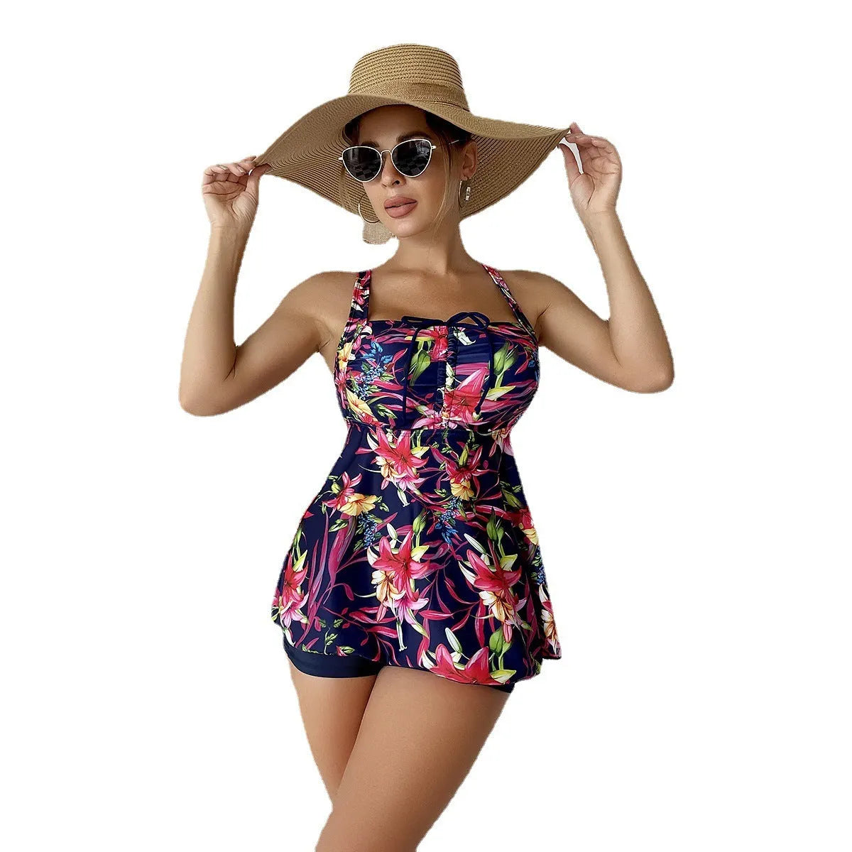 Red floral print women's one-piece swimsuit with skirt style and high waist design