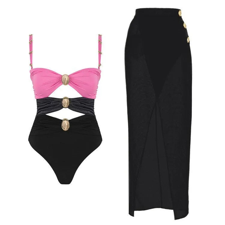 Women's one-piece swimsuit with round buckle decoration and hollow stitching pattern