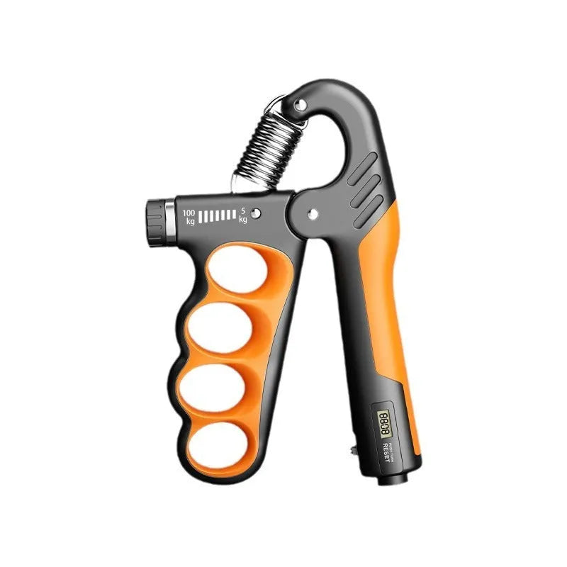 Adjustable electronic counter spring grip hand exerciser in grey, orange, or red.
