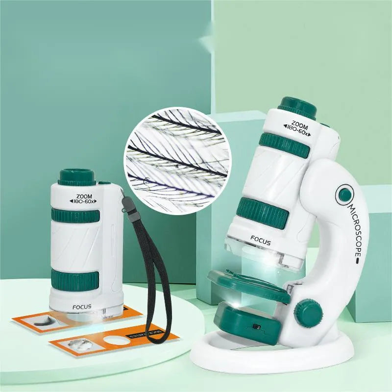 Portable plastic microscope with specimen slides in white-green colour scheme