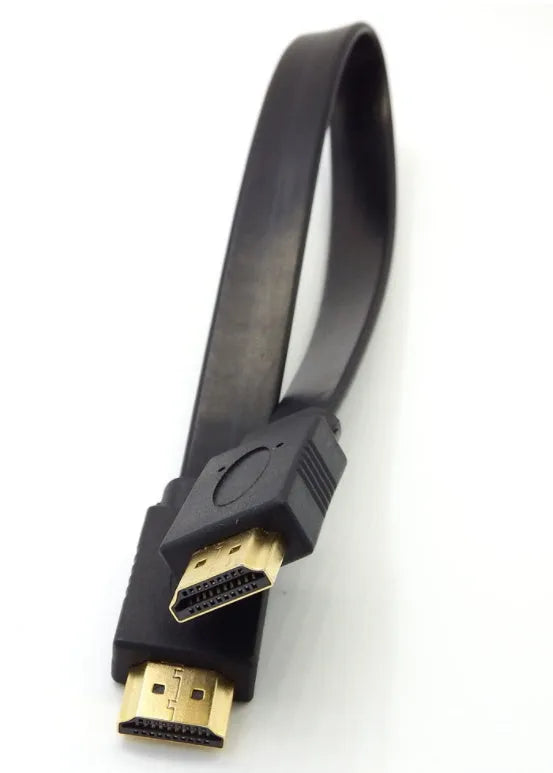 Flat black HDMI cable with male connectors, shown in multiple available lengths for AV connections.