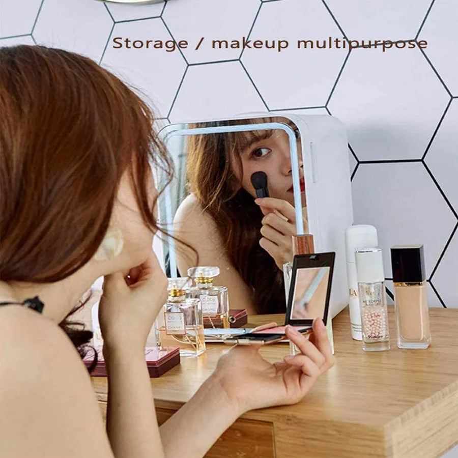 White portable cosmetic refrigerator cooler warmer with removable shelf for skincare products