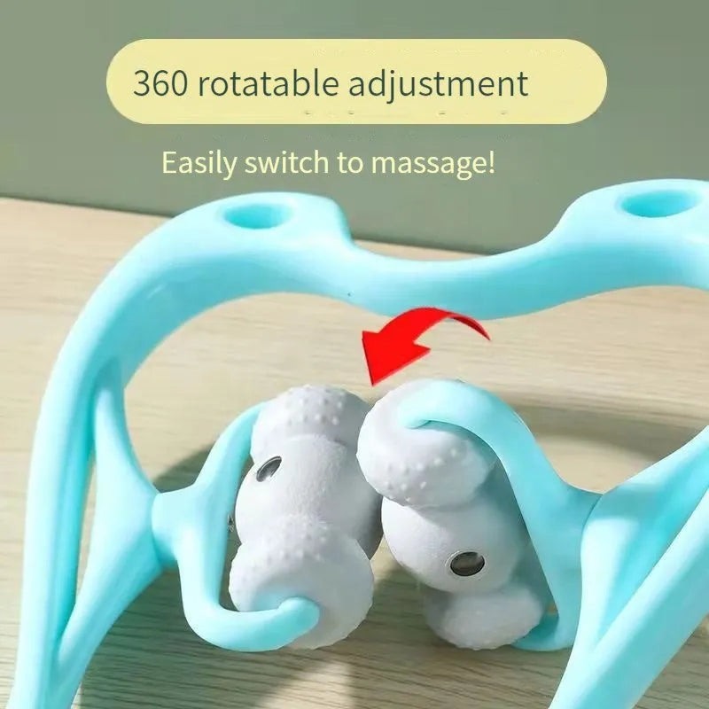 Blue handheld neck massager with 96 pressure point rollers for deep tissue relief