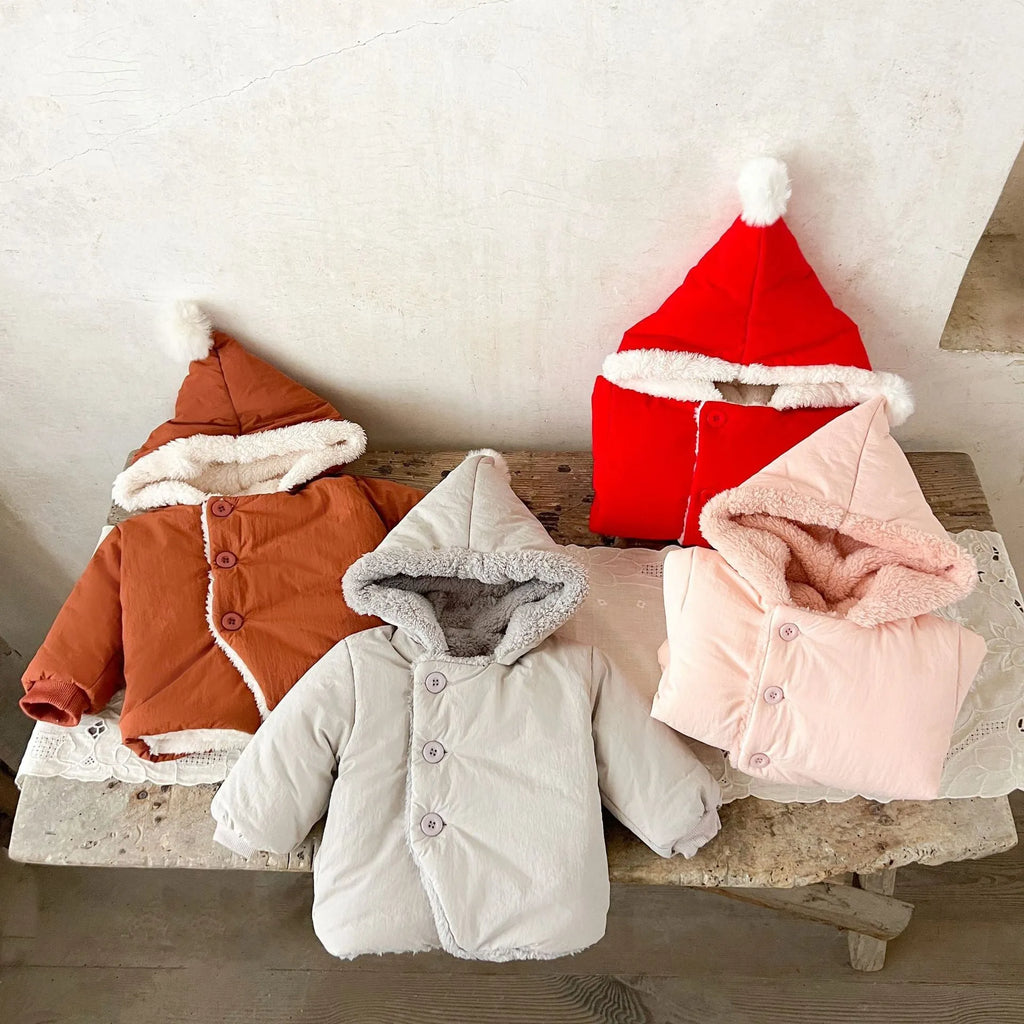 Winter fleece-lined unisex baby jacket in solid colour, pearl fleece fabric, hooded, button front, available in light gray, pink, brown, bright red