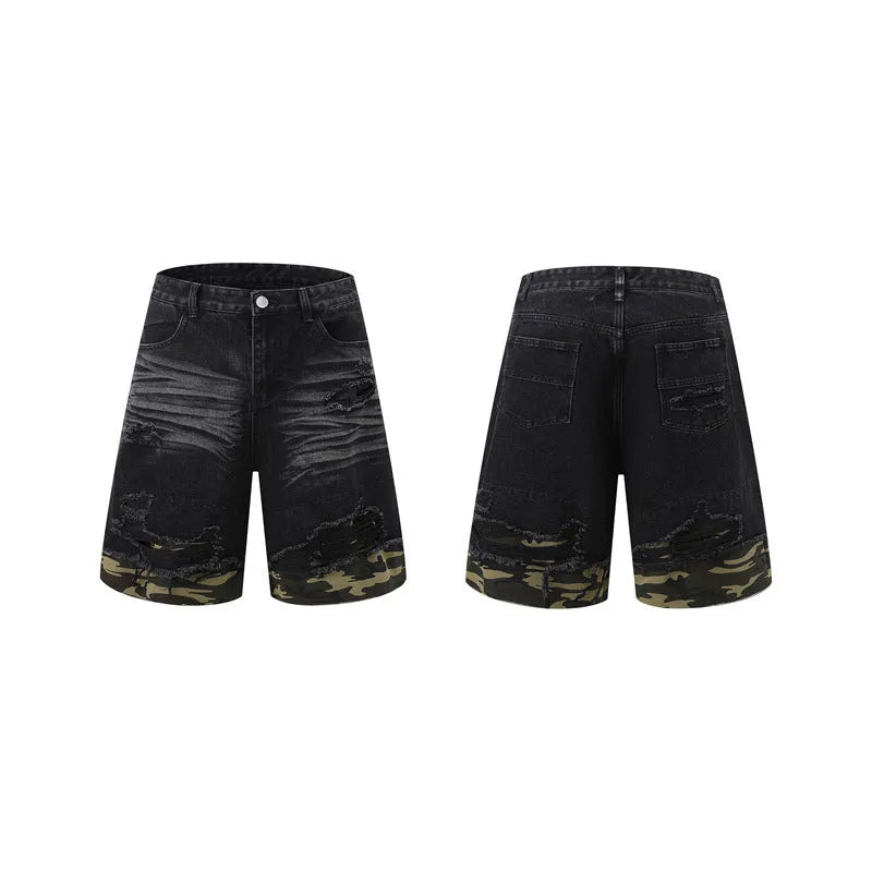 Women's leopard print denim short sleeve top and matching shorts with cut edge stitching.