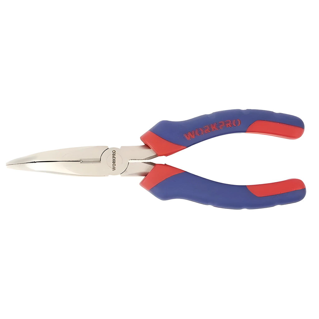 Blue and black handled curved nose pliers with fine 5mm tips, 160mm long.