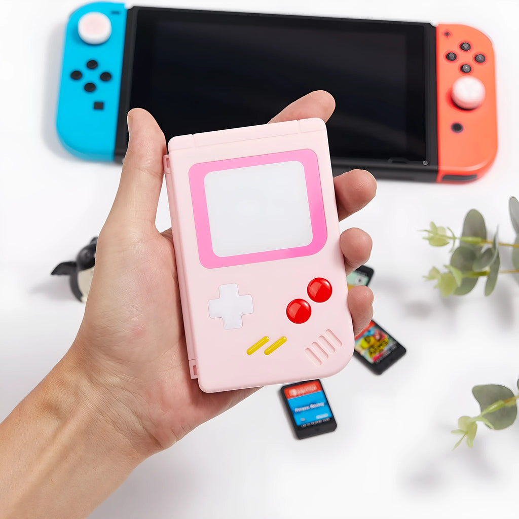 Blue Nintendo Switch game card storage box with Switch cartridge