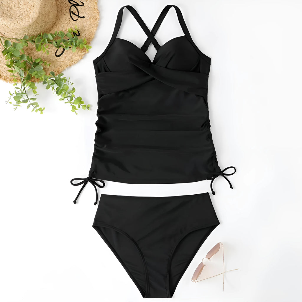 Women's nylon bikini set with high-waisted briefs in solid colour patterns for swimming sports