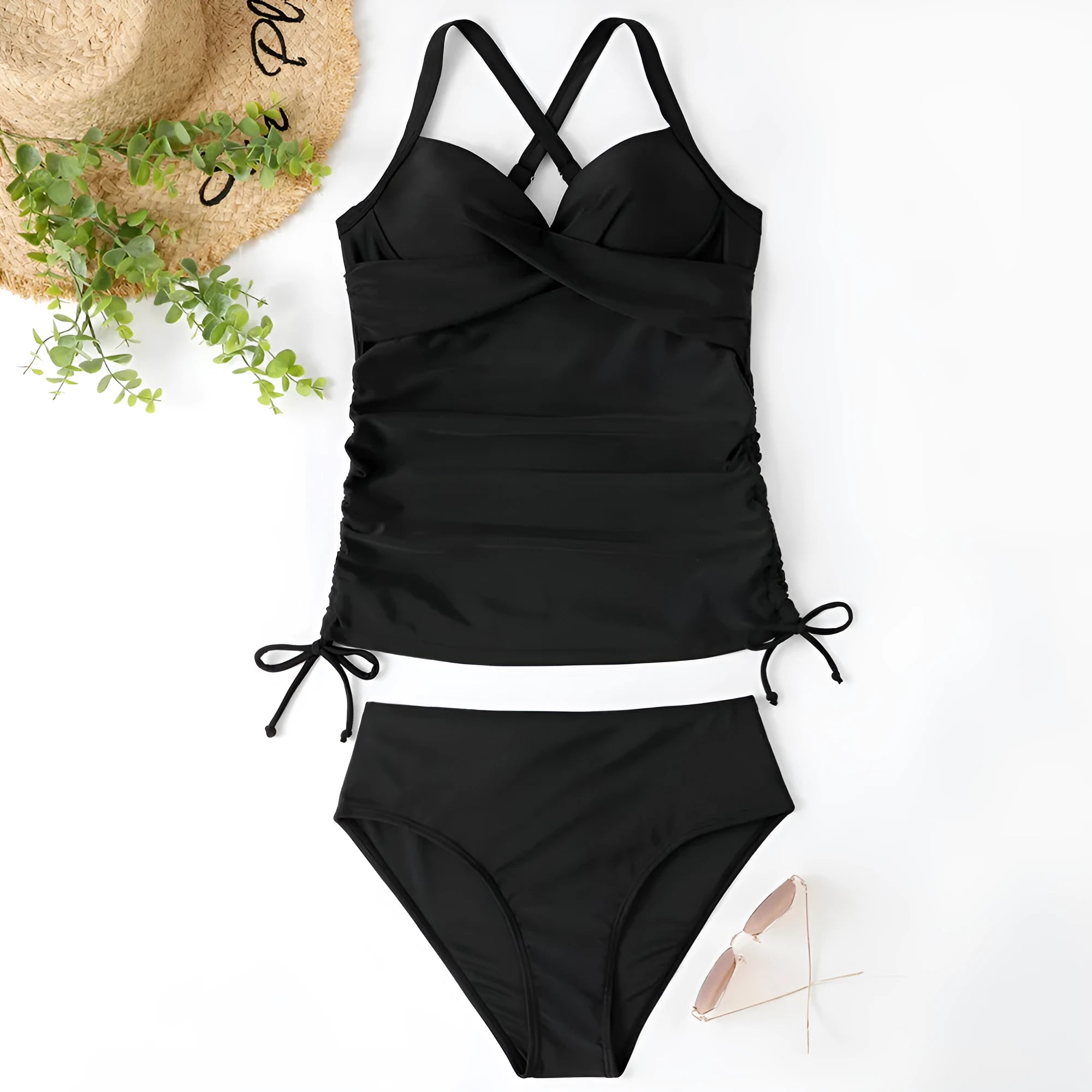 Women's nylon bikini set with high-waisted briefs in solid colour patterns for swimming sports