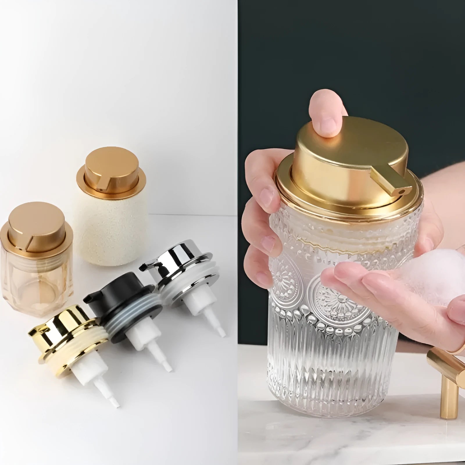 ABS plastic facial cleanser foam pump dispenser in metallic colours with large pump head