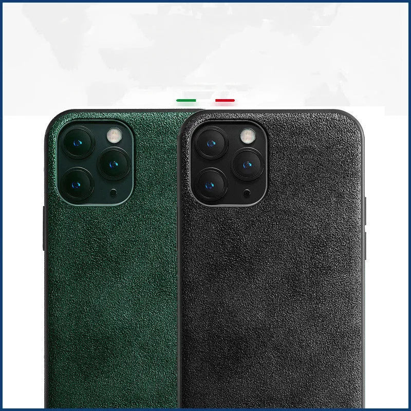Suede full-cover phone case for iPhone in dark blue, shown from the back.