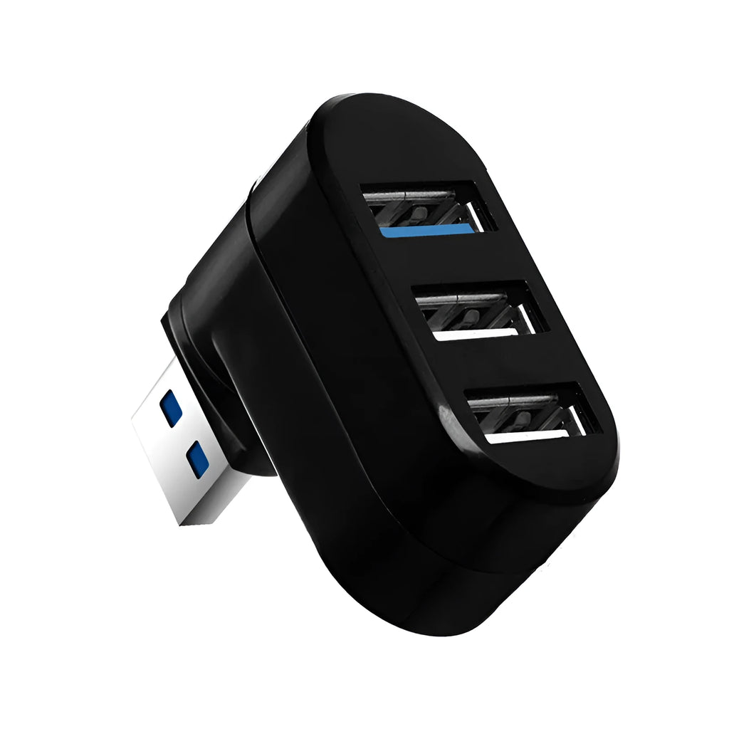 Black 4-port USB 3.0 rotating hub on a white background showing its compact size.