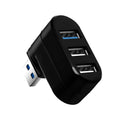 Black 4-port USB 3.0 rotating hub on a white background showing its compact size.