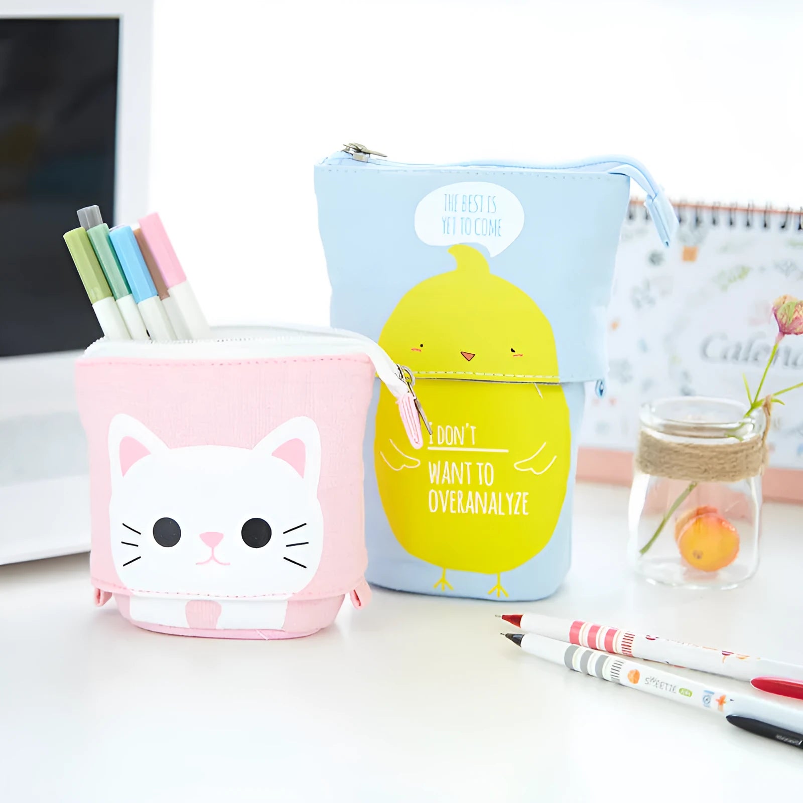 Round Korean-style canvas pencil bag with cartoon pattern in multiple colour options