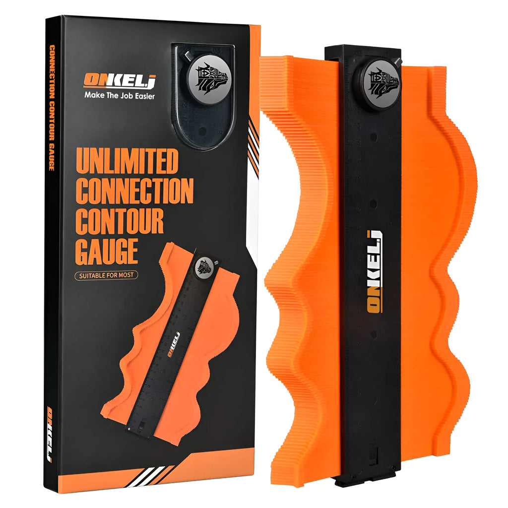 Ten-inch locking contour gauge tool with black ABS body and stainless steel pins on a workbench.