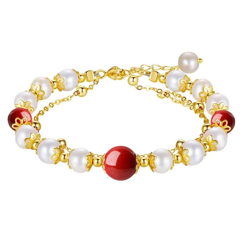 Sterling silver double-layer bracelet with cinnabar red beans and freshwater pearls in geometric design