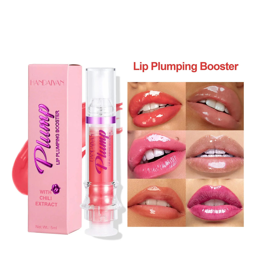 Lip gloss tube with mirror finish showing shiny application on lips