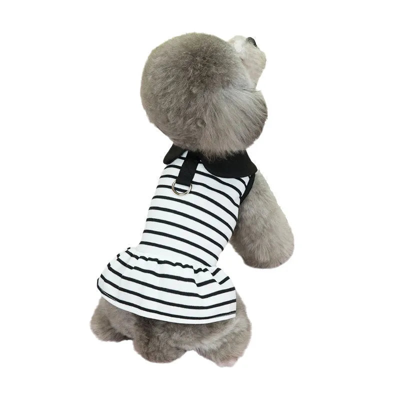 Pet wearing matching summer stripes T-shirt and skirt set for dogs or cats