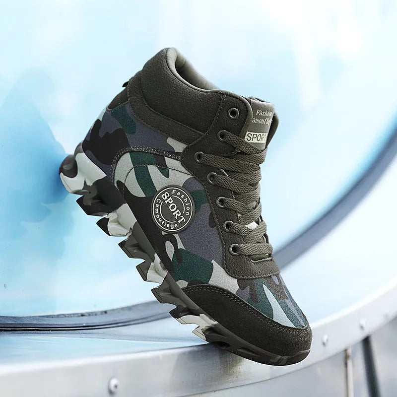 Women's green camouflage print canvas sneakers with rubber sole and lace-up closure.