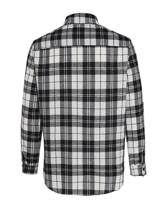 Teenage men's checked long-sleeved casual shirt in offwhite with black and white check pattern