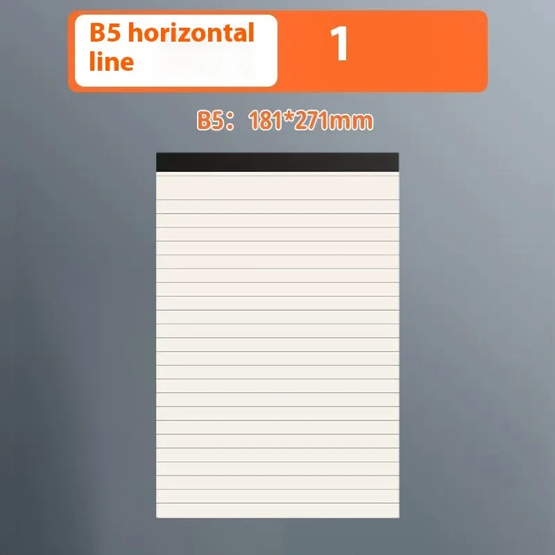 A5, B5, and A4 writing pads with tearable sheets in line, grid, and blank page styles.
