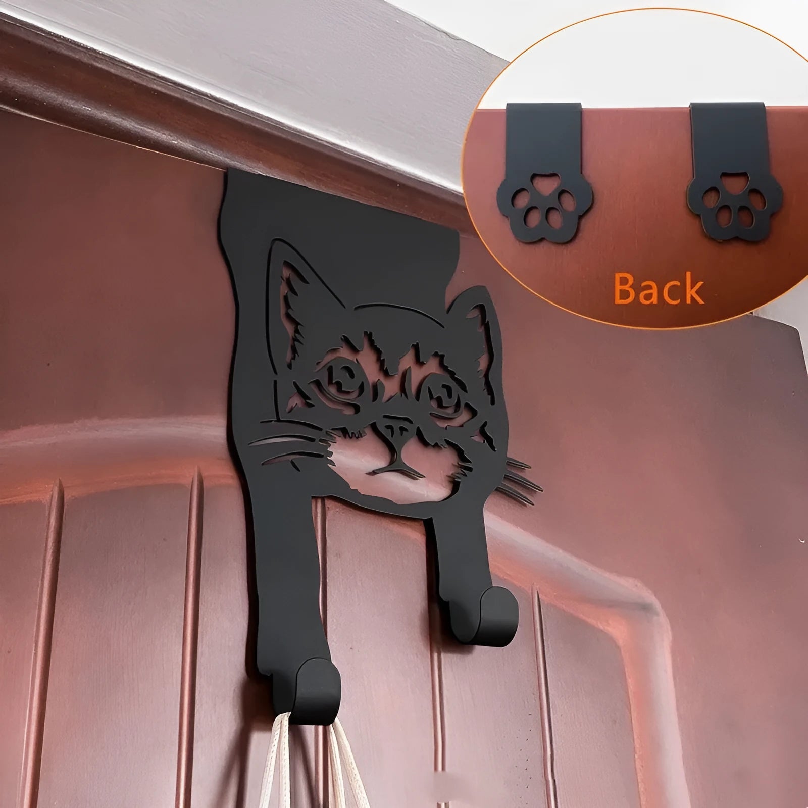 Black iron wall-mounted decorative cat hook for punch-free door or wall organisation.