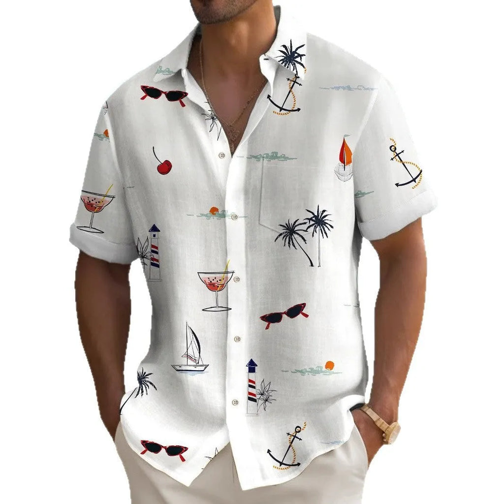 Man wearing a loose-fit short-sleeve Hawaiian shirt with a vibrant digital print pattern.