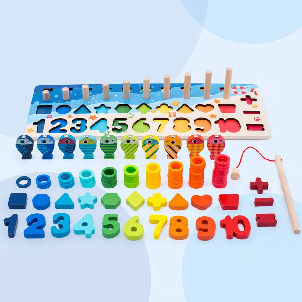 Wooden 3D alphabet and number puzzle board with geometric pieces for toddlers' educational play