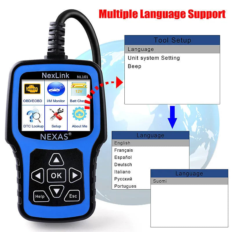 Nexas NL101 OBD2 car diagnostic scanner with display screen and USB connector.