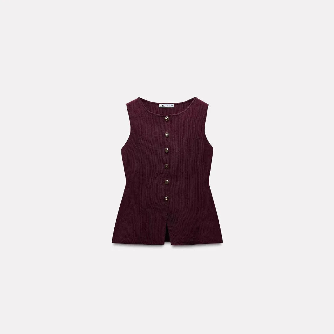 Dark red slim fit viscose sweater vest with gold buttons and 3D pattern