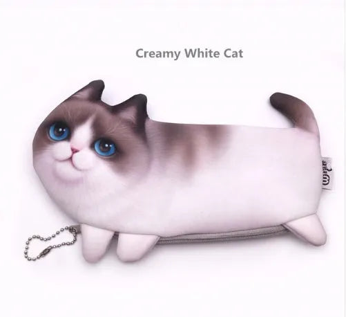 Cute cat design 3D printed cosmetic travel bag organiser with zip, shown in creamy colour.