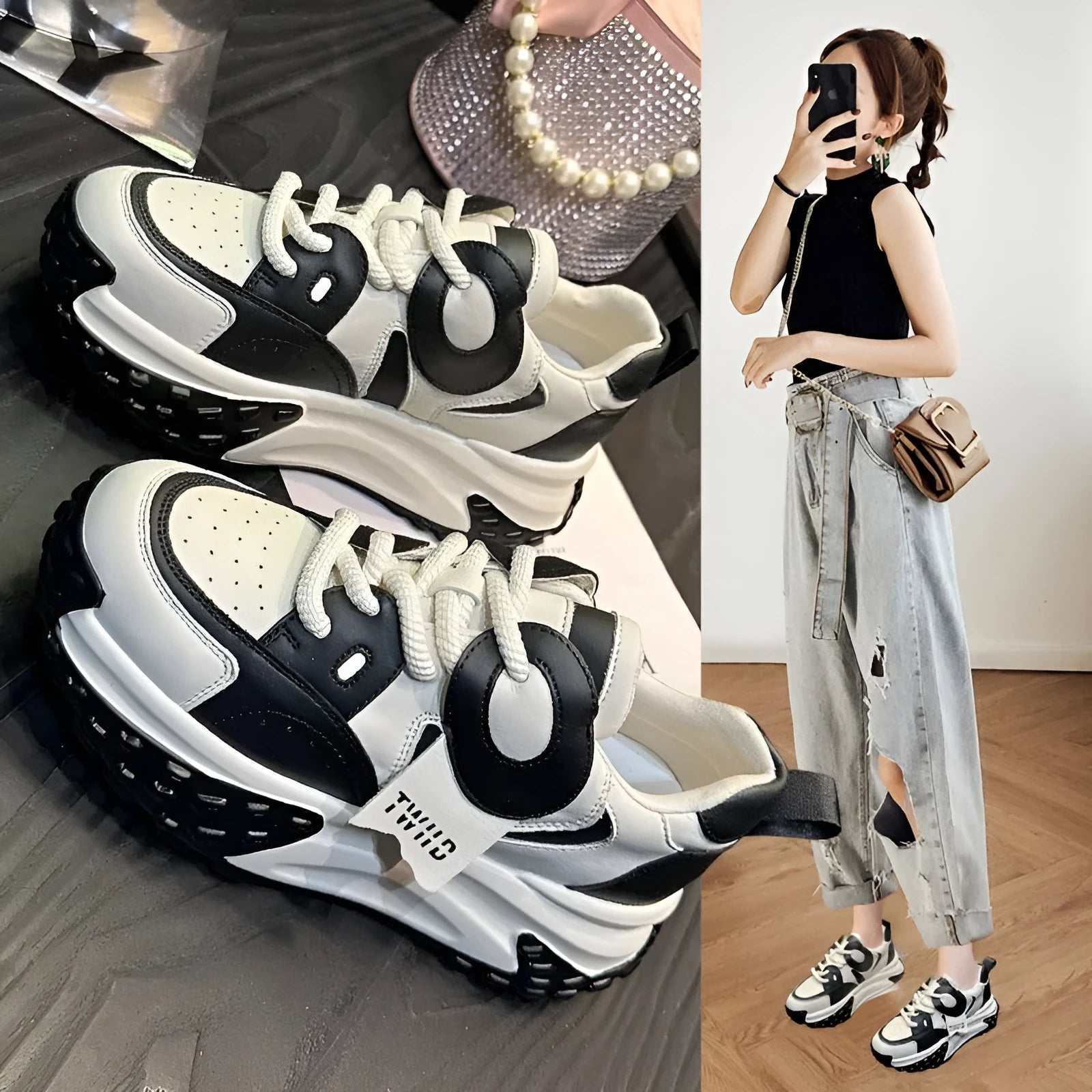 A pair of thick-soled leather sports casual shoes with a wedge heel and round toe in a lace-up design.