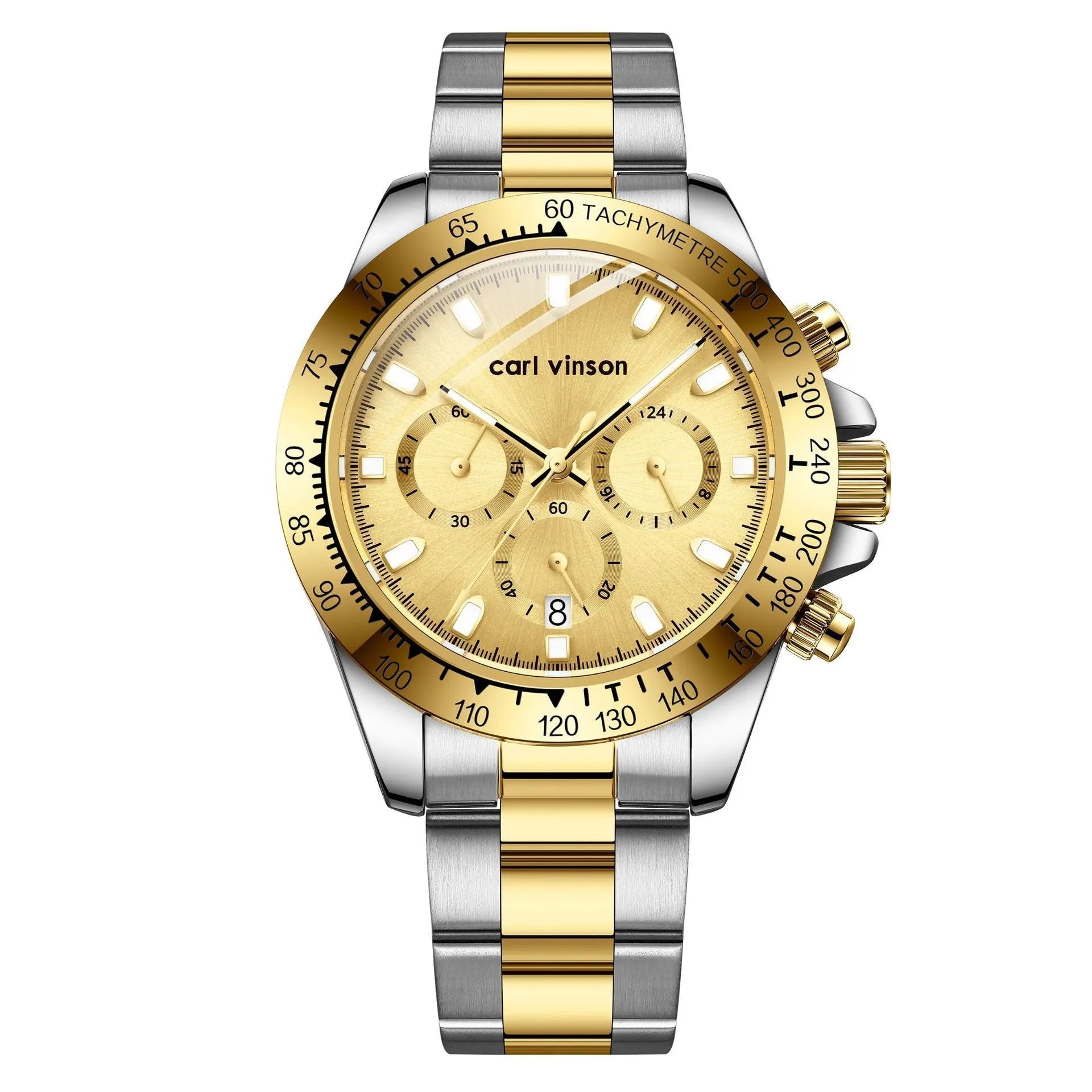 Men's casual quartz watch with luminous dial and calendar, gold shell gold surface
