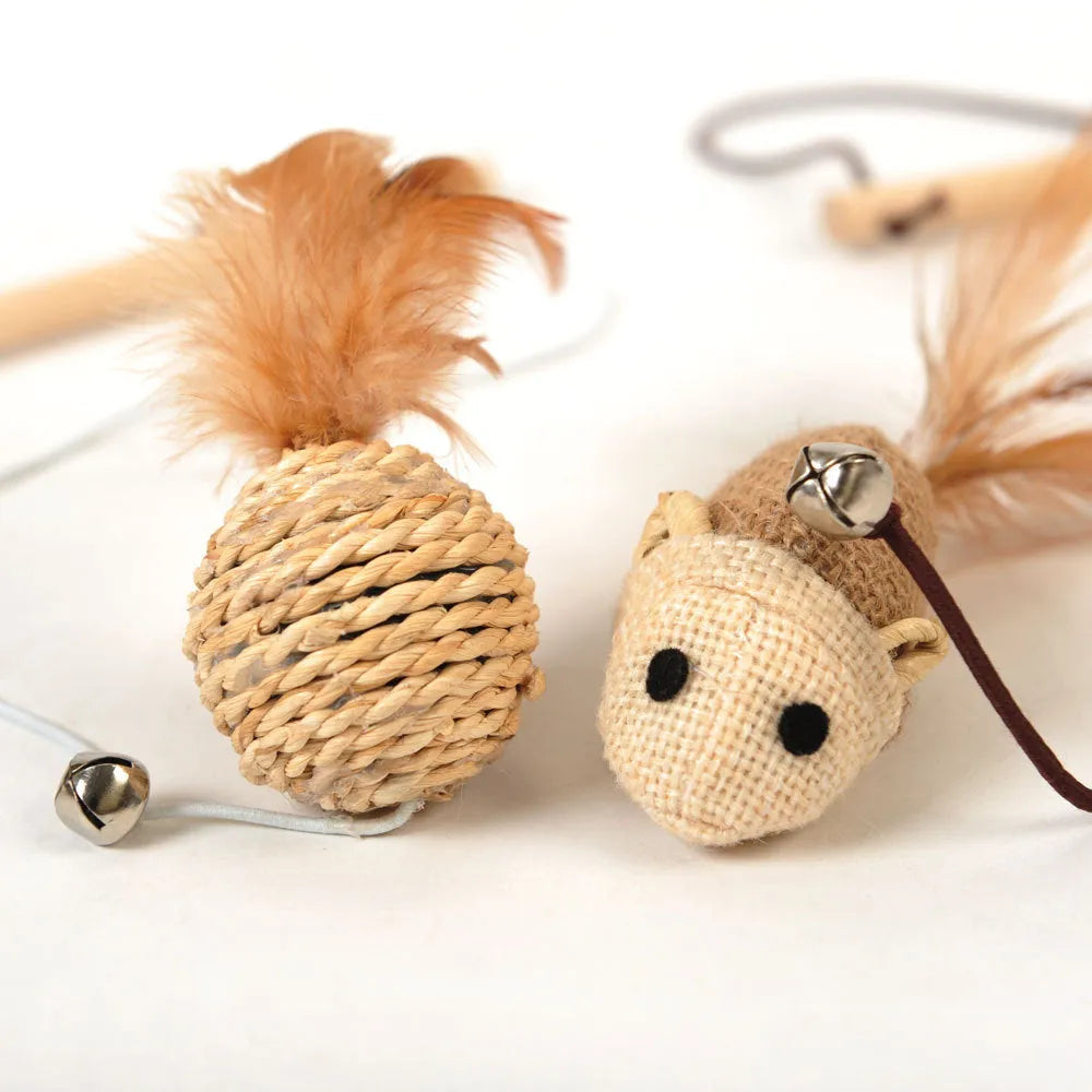 Wooden funny cat stick toy with bell and big feather attachment for interactive cat play