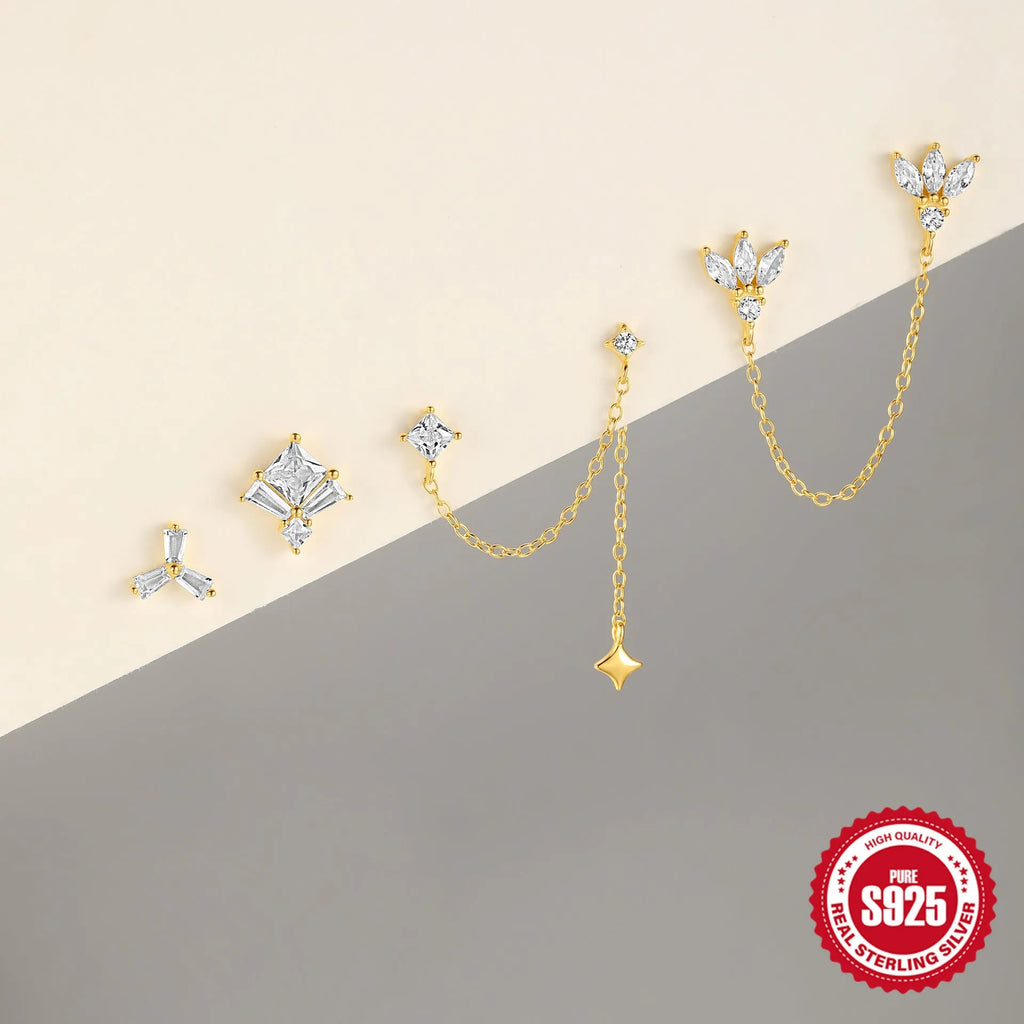 Golden geometric sterling silver earrings with zircon stones for double piercings, showing chain and stud designs