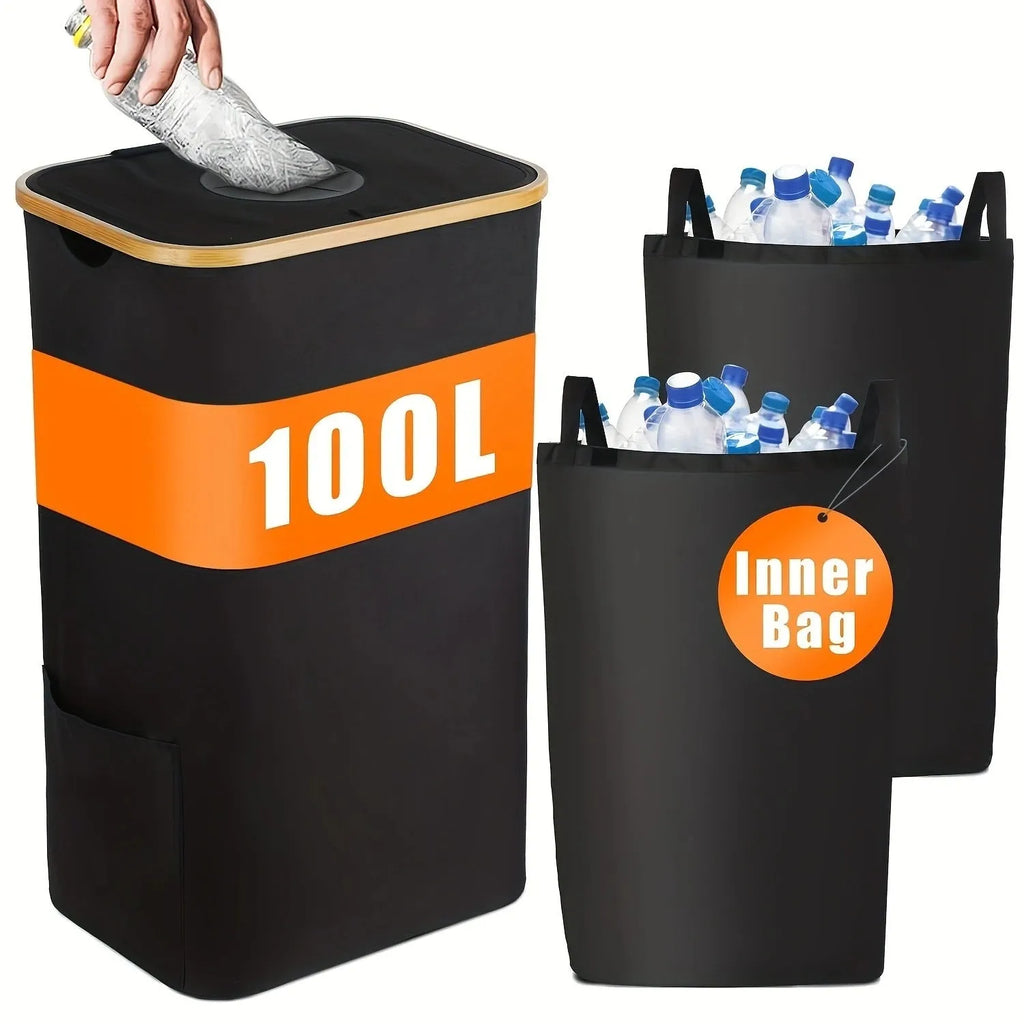 Black bamboo storage basket with removable lid showing double inner pocket organisation system
