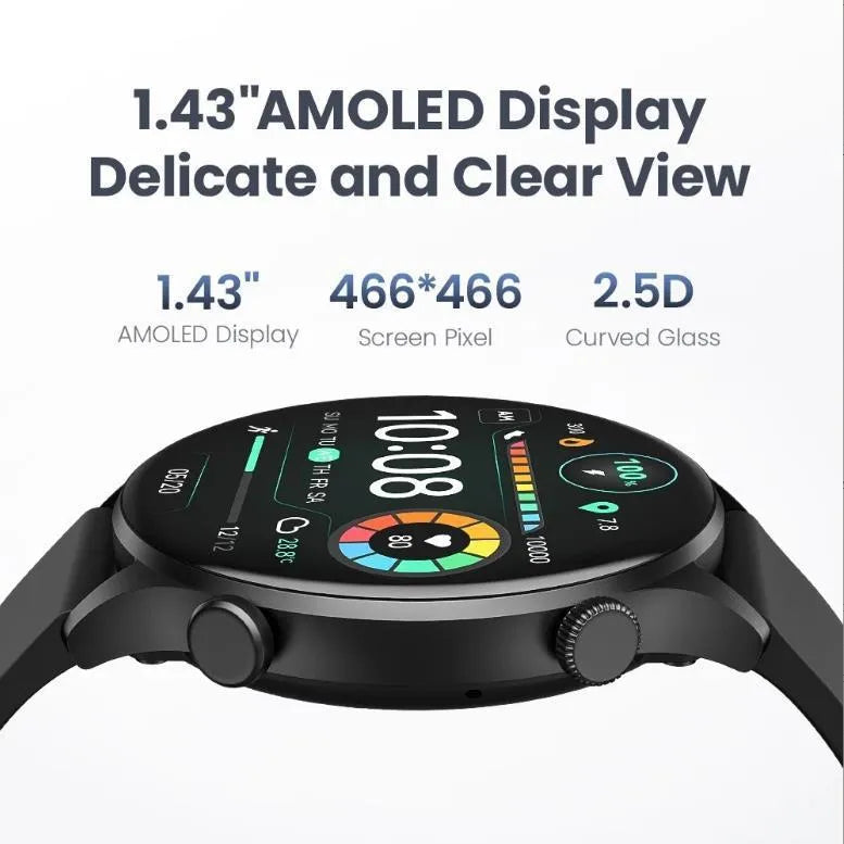 Black Bluetooth smartwatch with circular AMOLED display on a wrist