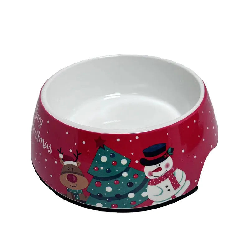 Red Christmas pet bowl with stainless steel inner layer and melamine outer shell in three size options