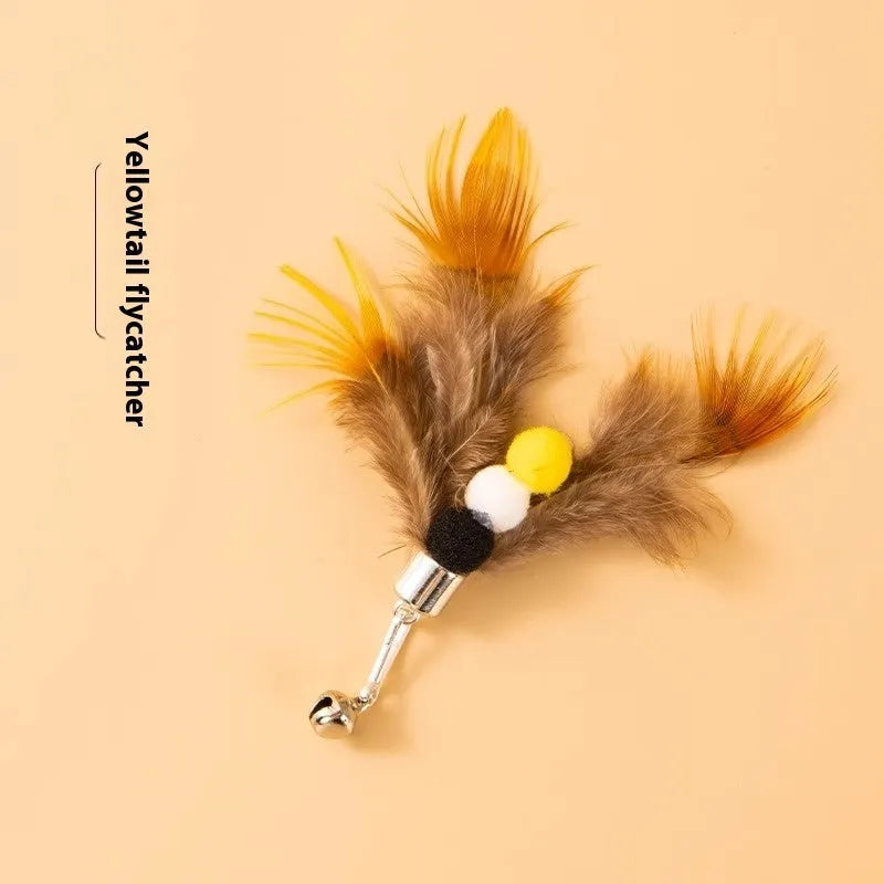 Set of three small cat toys with colourful flying insect heads on thin steel wires.