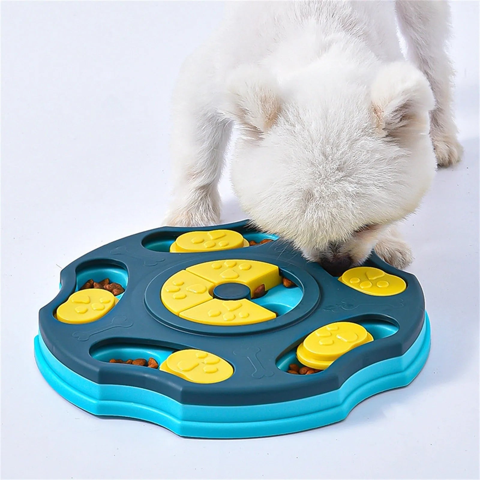 Blue plastic dog puzzle feeder toy with interactive food searching compartments for aggressive chewers