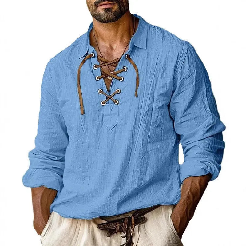 Men's loose blue linen blend long sleeve shirt with white lace trim on the lapels