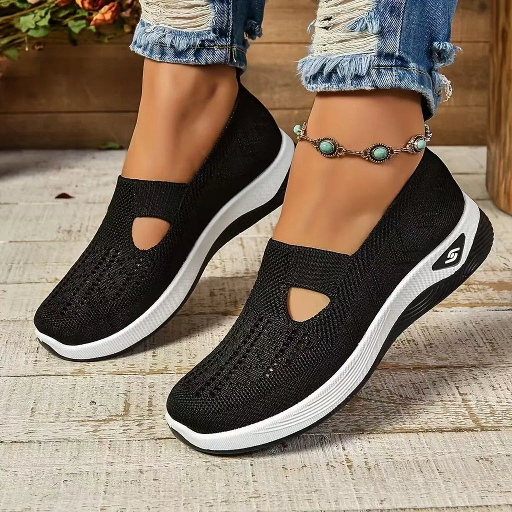 Women's soft sole casual mesh shoes with T-strap in various colours on a white background