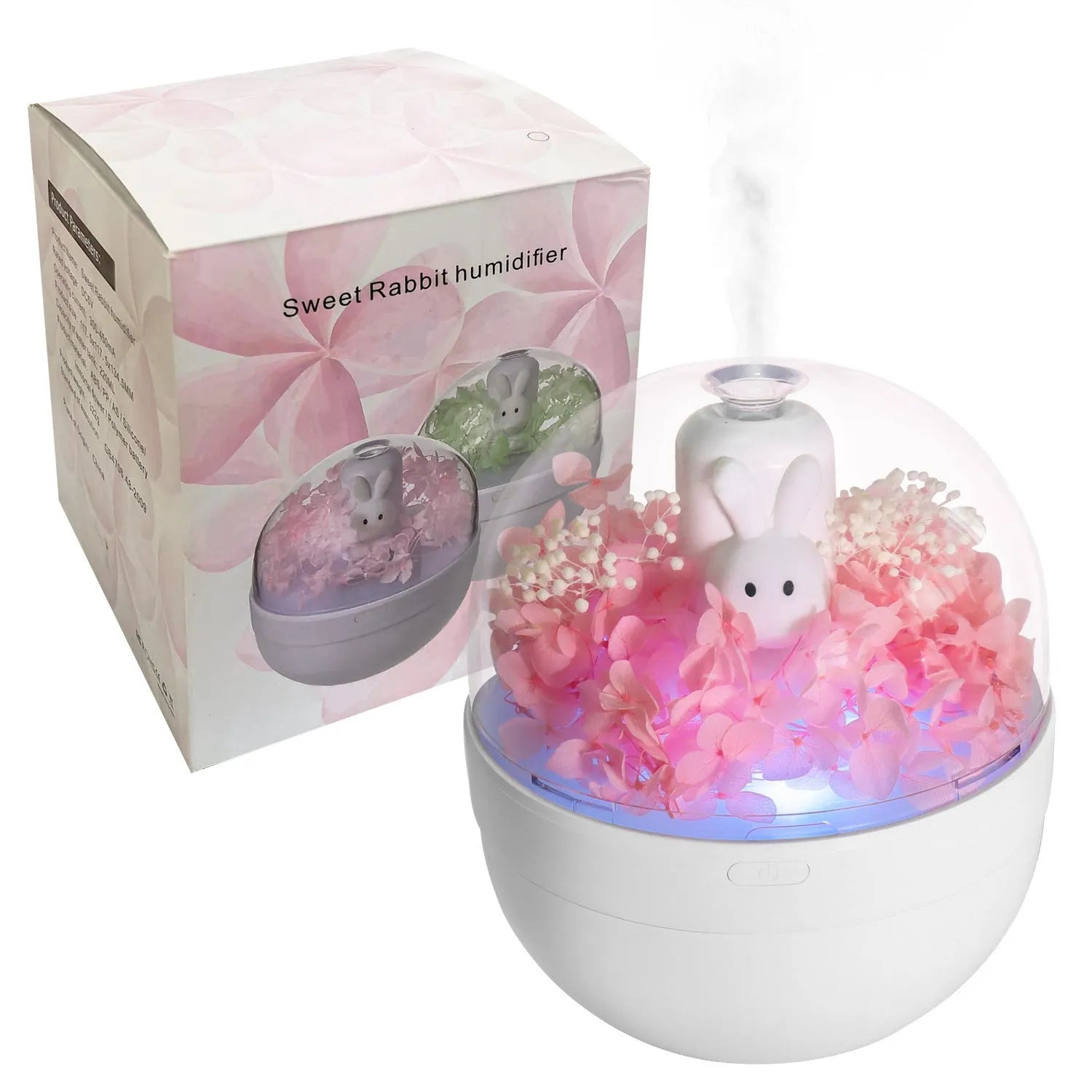 Pink rabbit-shaped aromatherapy humidifier with preserved flowers on top, USB powered for bedroom use.