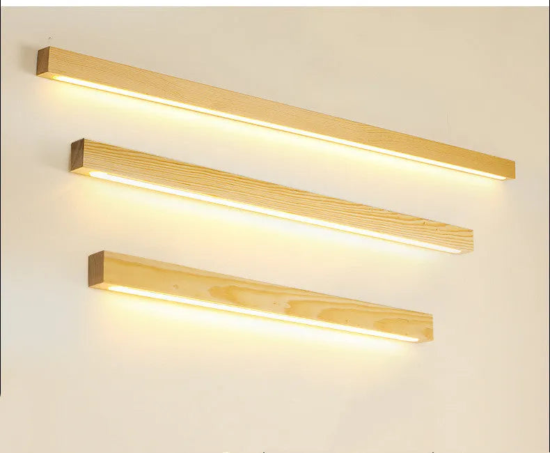 Walnut colour log strip wall lamp with LED lighting in modern minimalist design
